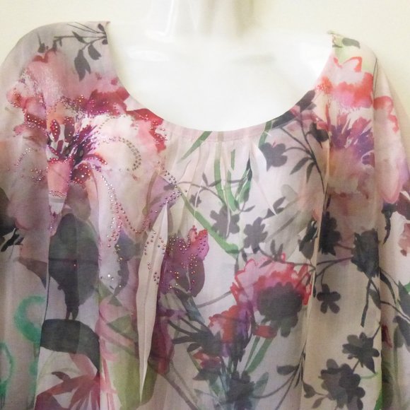 Women Top Sz M Short Sleeve Purple Floral Sheer - Picture 3 of 7